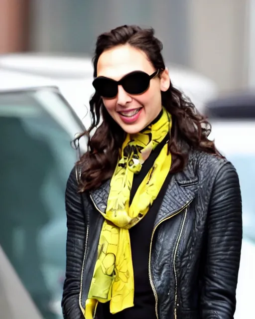 Image similar to headshot of gal gadot wearing a leather cap and aviator goggles, he is also wearing an yellow leather jacket, a long green silk scarf wrapped around her neck