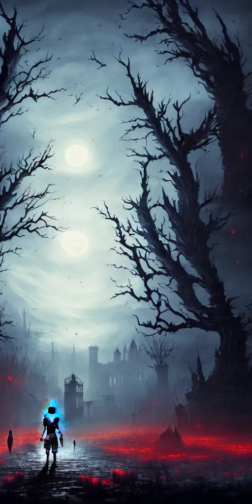 Image similar to abandoned bloodborne old valley with a person at the centre and a city at the end, trees and stars in the background, falling petals, epic red - orange moonlight, perfect lightning, illustration by niko delort, 4 k, ultra realistic