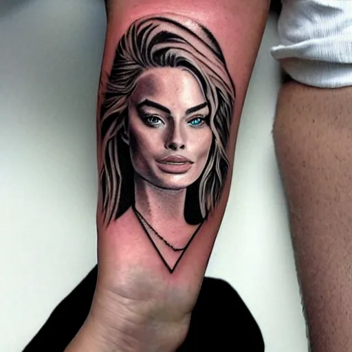 Image similar to face morph tattoo design sketch of margot robbie blended in beautiful mountain scenery, in the style of arlo dicristina, amazing detail