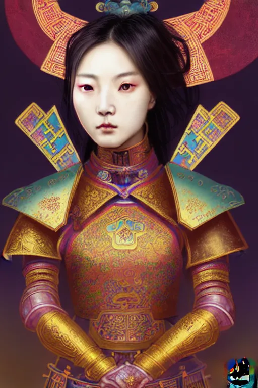 Prompt: beautiful and divine and holy and elite and colorlpunk three kingdom chinese female armor knight portrait like twice tzuyu+shinnyy eyes, ssci-fi, fantasy, neon light at chinese temple rooftop, art and illustration by tian zi and craig mullins and WLOP and alphonse mucha, fantasy, intricate complexity, human structure, human anatomy, fantasy character concept, watermark, blurry, hyperrealism 8k