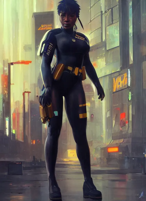 Prompt: black chun li. cyberpunk police trooper in tactical gear. plastic raincoat. rainy city. blade runner 2 0 4 9 concept painting. epic painting by james gurney, azamat khairov, and alphonso mucha. artstationhq. painting with vivid color. ( rb 6 s, cyberpunk 2 0 7 7 )