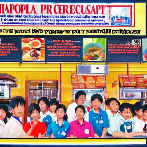 Image similar to a 1 9 9 0 s singaporean public education poster about hawker centres