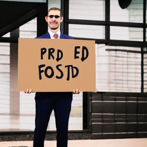 Prompt: man wearing a suit holding up a cardboard sign