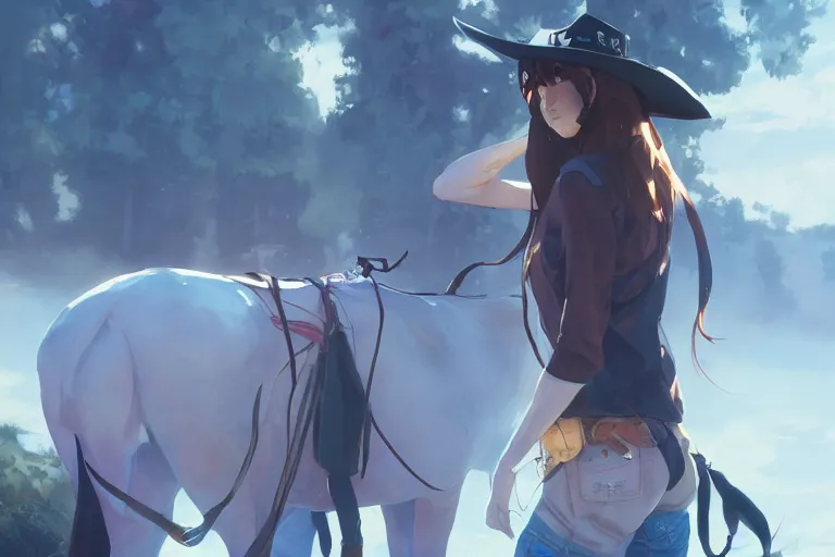 Image similar to western cowgirl, single subject, scenic full shot, ambient lighting, detailed face, by makoto shinkai, stanley artgerm lau, wlop, rossdraws