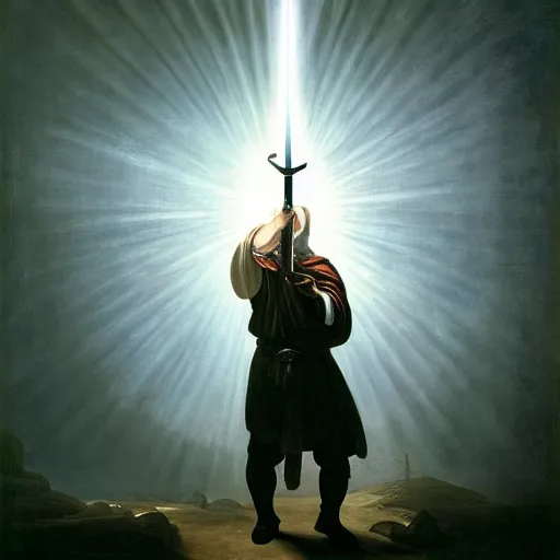 Prompt: painting portrait of a person carrying a sword, with a bright light beam emanating rays of light and totally covering their head, matte painting, masterpiece, by Caravaggio, desaturated, cosmic horror,