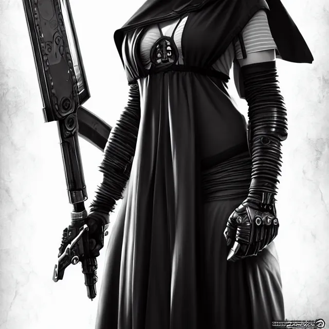 Image similar to cyberpunk nun warrior, full length, highly detailed, 4 k, hdr, smooth, sharp focus, high resolution, award - winning photo, artgerm, photorealistic