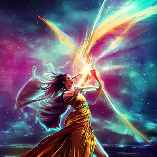 Image similar to An epic movie shot of a goddess fighting, cinematic, moody lighing, galaxy, vivid colors, explosion, spear, tarot, noble,