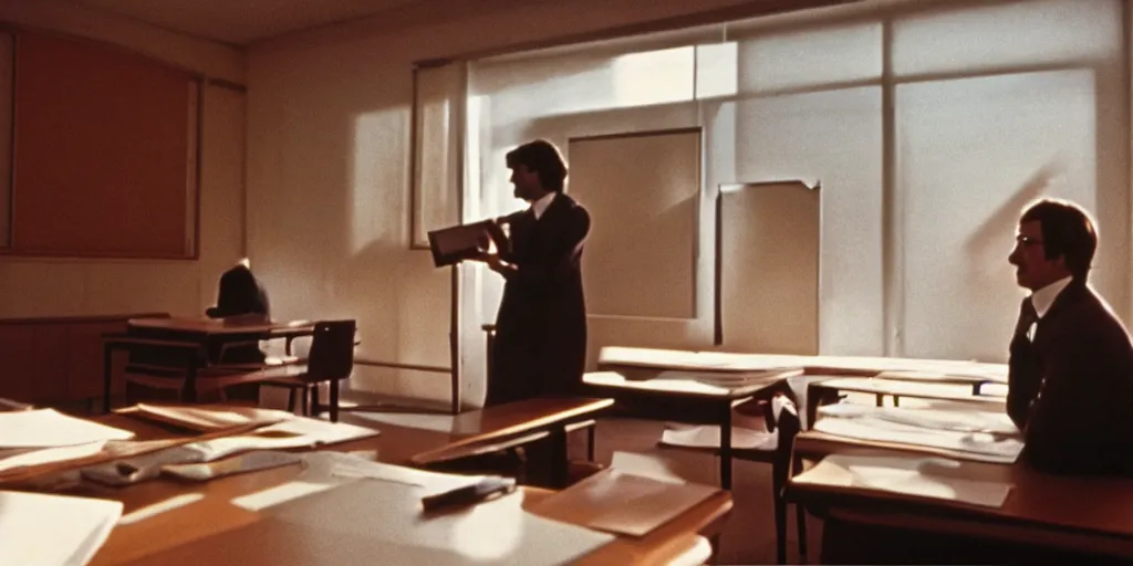 Prompt: screenshot of a substitute teacher at a private school, 1970s psychological thriller by Stanely Kubrick film, color, anamorphic lenses, detailed, sunlit windows, moody cinematography