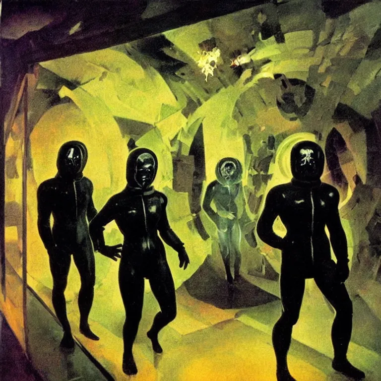 Prompt: two scientists wearing black hazmat suits entering geometric neon crystal mirror room by frank frazetta