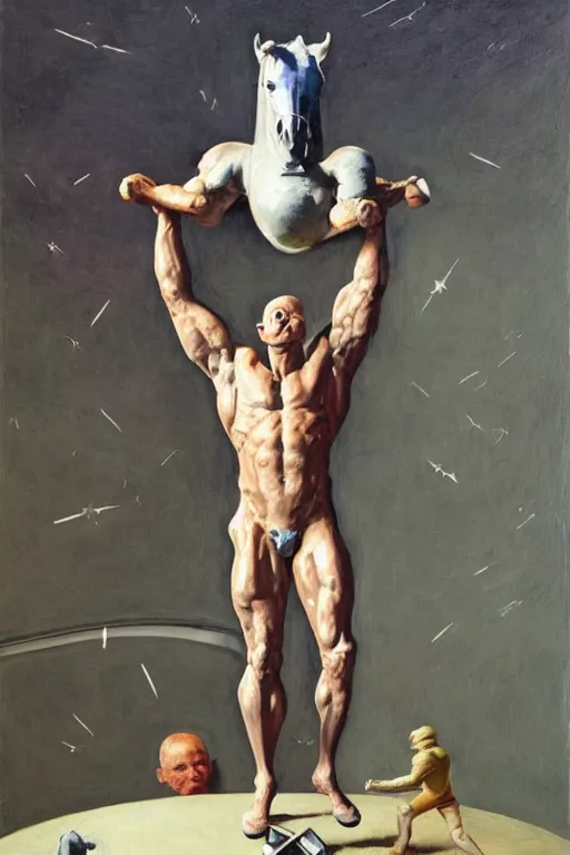 Image similar to bodybuilder in an astronaut helmet lifts a statue of a horse, highly detailed painting by francis bacon, edward hopper, adrian ghenie, gerhard richter, and james jean soft light 4 k,