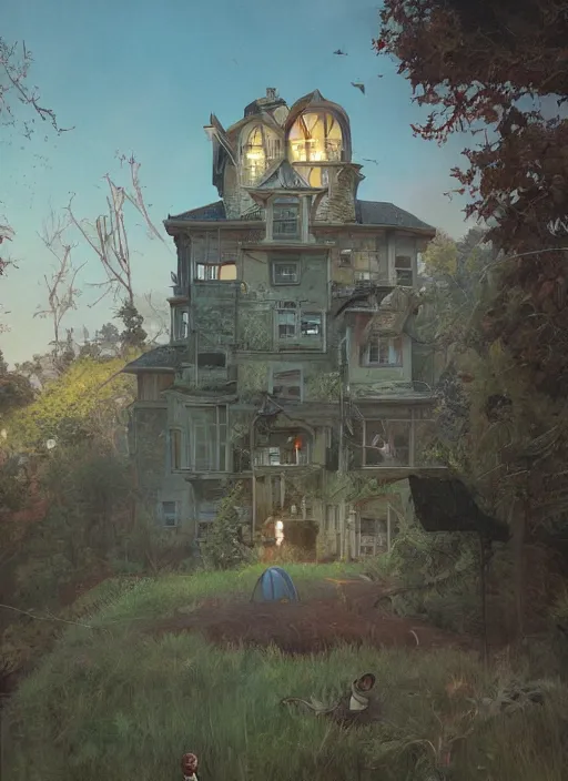 Image similar to a hyper realistic house on a hill distant explosions, gorgeous lighting, lush foliage, painting by chiara bautista and tom bagshaw, mucha, beksinski and norman rockwell and greg rutkowski weta studio, and lucasfilm