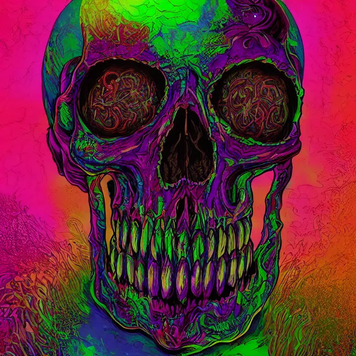 Prompt: portrait of a psychedelic skull. razor sharp teeth. infected with zombie fungus. intricate abstract. intricate artwork. nightmare fuel. by Tooth Wu, wlop, beeple, dan mumford. octane render, trending on artstation, greg rutkowski very coherent symmetrical artwork. cinematic, hyper realism, high detail, octane render, 8k, iridescent accents