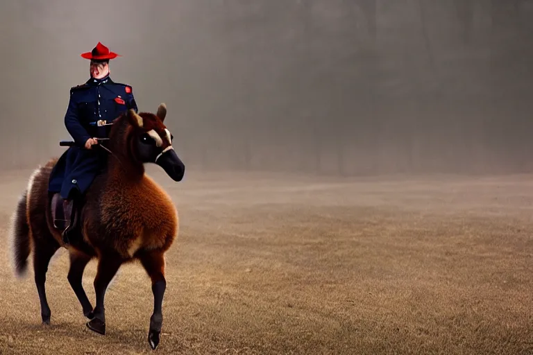 Prompt: A Canadian goose in a mountie outfit riding a horse, National Geographic, photo, cinematic, 8k