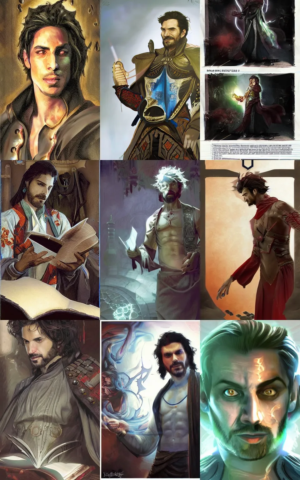 Prompt: character concept portrait of happy santiago cabrera as a warlock enchanting a dark spell, a floating spell book in the center, muscular, abs, robes, elegant, digital painting, concept art, smooth, sharp focus, illustration, from Metal Gear, by Ruan Jia and Mandy Jurgens and William-Adolphe Bouguereau, Artgerm