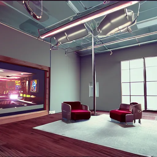 Image similar to A screenshot of a Virtual Reality music studio, living room vibe, Paris loft style, red velvet furniture, light rays coming out of the windows, raytracing, highly detailed, futuristic, unreal engine 5, photoscanned, photorealistic,