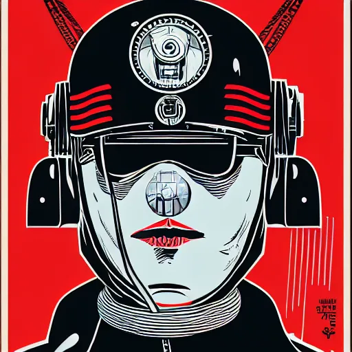 Prompt: Illustrated by Shepard Fairey and H.R. Geiger | Cyberpunk Soviet soldier with VR helmet, surrounded by cables, Soviet Propaganda poster