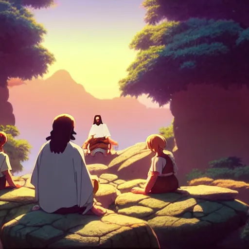 Prompt: a wholesome animation key shot of jesus christ teaching his disciples sitting on a pile of rocks, medium shot, waist up, studio ghibli, pixar and disney animation, sharp, rendered in unreal engine 5, anime key art by greg rutkowski, bloom, dramatic lighting