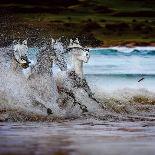 Image similar to close up of horses running through the waves on a beach with water splashing up, cinematographic shot, cartoon