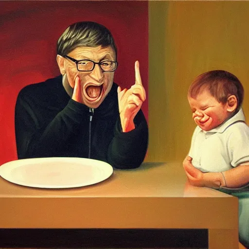 Image similar to masterful oil painting of bill gates eating babies while he talks to the devil, scary