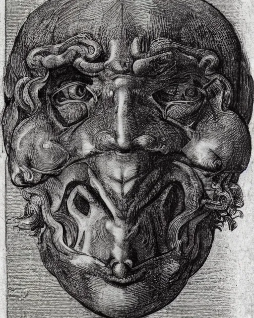 Prompt: head with three faces creature, drawn by da vinci