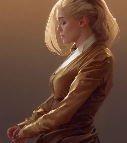 Prompt: a girl wearing a golden dress, grey hair, red necktie, cinematic, stunning, highly detailed, digital painting, artstation, smooth, hard focus, full body shot, illustration, art by artgerm and greg rutkowski and alphonse mucha