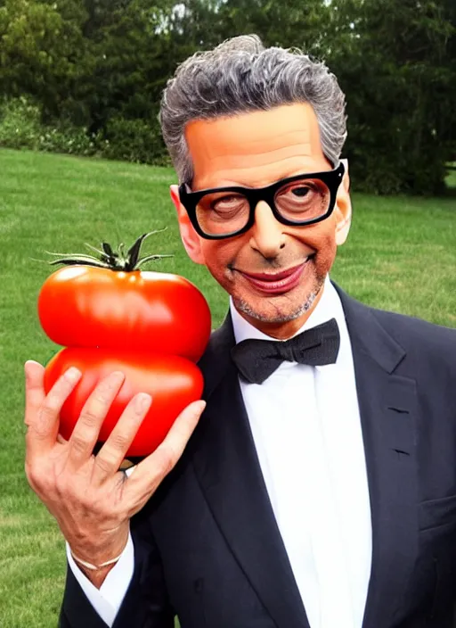 Image similar to jeff goldblum dressed up in a tomato costume