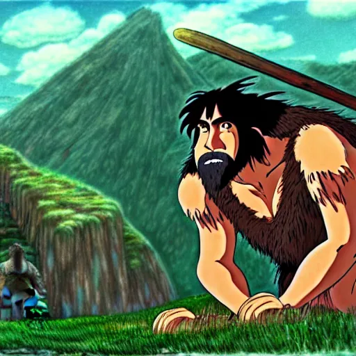 Image similar to a realistic cell - shaded studio ghibli concept art from princess mononoke ( 1 9 9 7 ) of a giant caveman. very dull colors, wide shot, hd, 4 k, hq