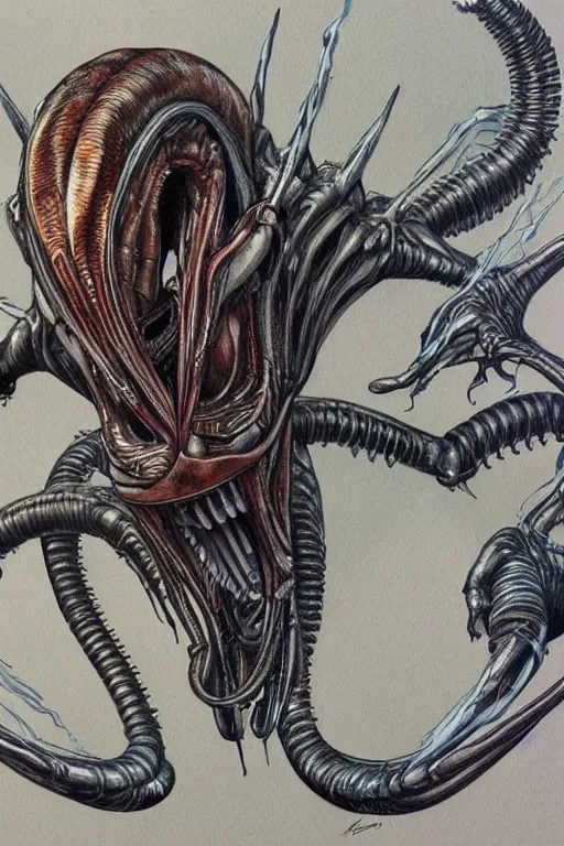 Image similar to a realistic color drawing of an angry xenomorph, portrait, aaron horkey