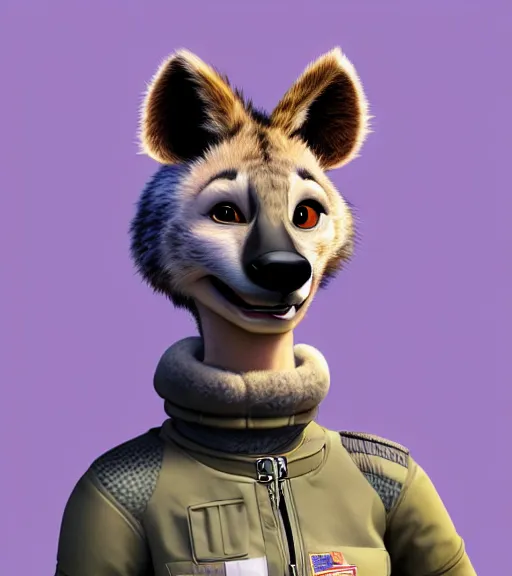 Image similar to digital detailed portrait of anthromorphic female hyena, in style of zootopia, fursona, furry, furaffinity, 4 k, deviantart, wearing astronaut outfit, in style of disney zootopia, floating in space, space background, hyena fursona, cyberpunk, female, detailed face, style of artgerm,