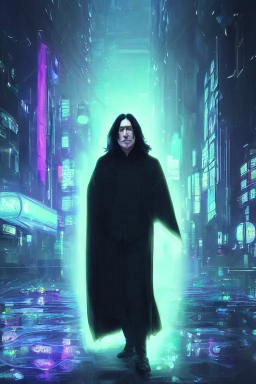 Image similar to portrait of severus snape with holograms in cyberpunk, neon lighting, night city, digital art from artstation by Ruan Jia and Mandy Jurgens and Artgerm and william-adolphe bouguereau and Greg Rutkowski