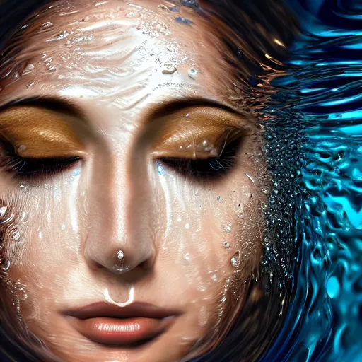 Prompt: water artwork manipulation in the shape of a beautiful female head, on the ocean water, ray tracing, realistic water sharp focus, long shot, 8 k resolution, cinematic, surreal water art