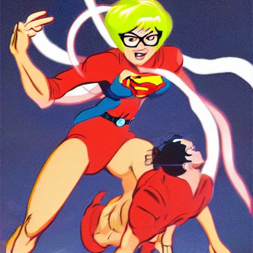Image similar to Velma uppercutting Superman, comic book, high action, concept art