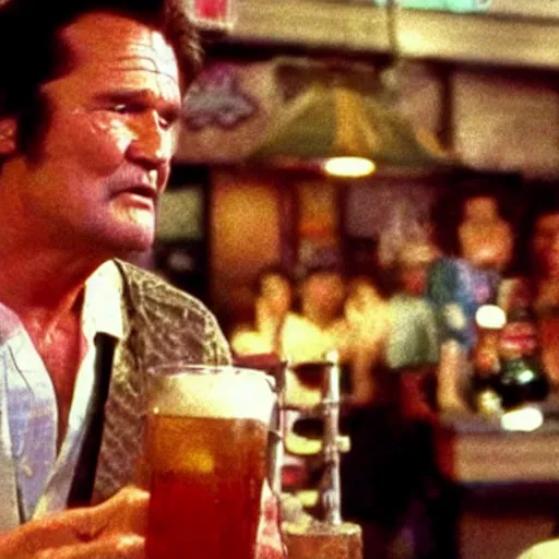 Prompt: deleted scene from Big trouble in little China, Jack Burton drinking beer, Chinatown bar, amazing shot, 1987