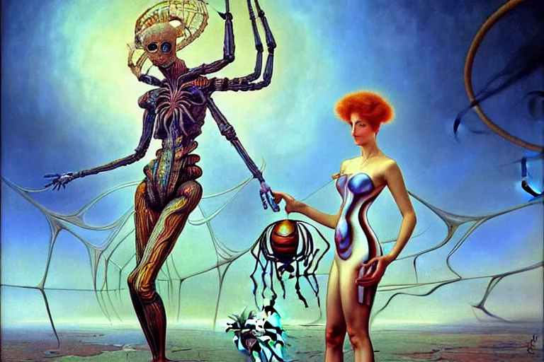 Prompt: realistic extremely detailed portrait painting of a fully dressed woman with a giant spider, futuristic sci-fi landscape on background by Amano, Yves Tanguy, Alphonse Mucha, Ernst Haeckel, Edward Robert Hughes, Roger Dean, rich moody colours, blue eyes