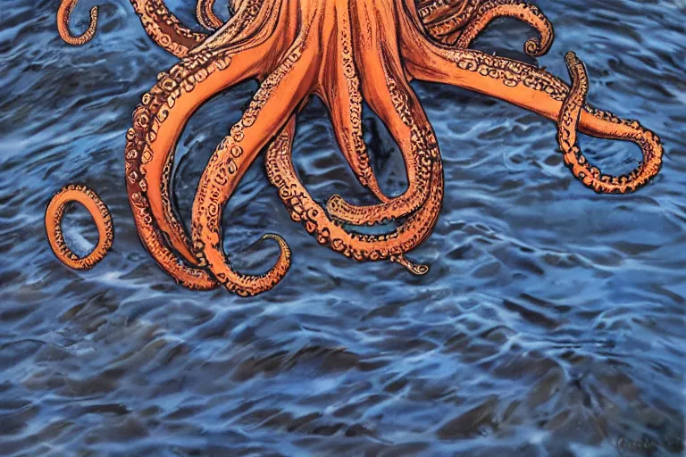 Image similar to giant <octopus>, high detail, long shot, epic out of water