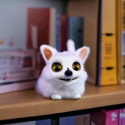 Image similar to award - winning photograph of a cute corgi furby toy on a store shelf