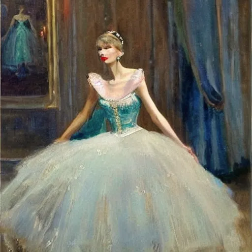 Prompt: Taylor Swift at the Russian ball, ballerina, 1950s, modest, elegant clothing, tiara, mild impressionism, award winning, photorealistic, by Ilya Repin