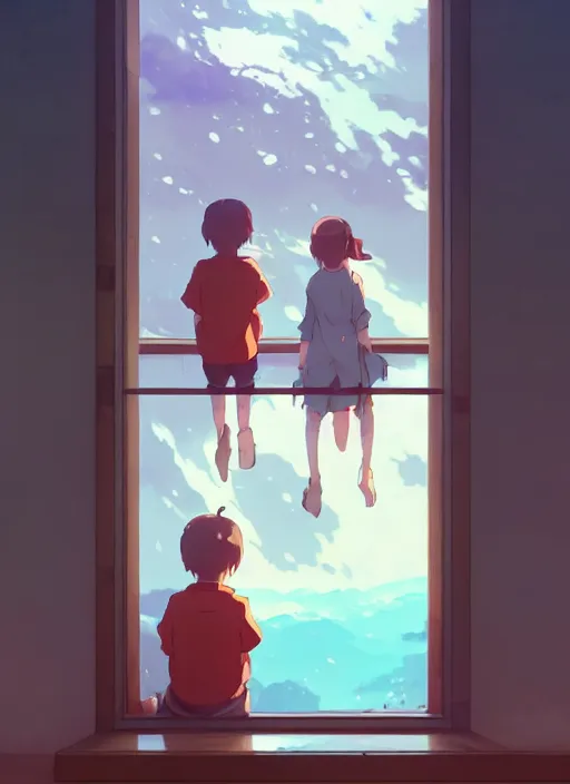 Image similar to boy and girl watching outside from a window, big whales on are on the the sky, illustration concept art anime key visual trending pixiv fanbox by wlop and greg rutkowski and makoto shinkai and studio ghibli