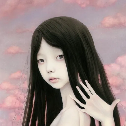 Image similar to young vampire Portrait by Miho Hirano, manga, realistic, detailed, white, light pink tonalities, beautiful collage technique including clouds, sea, wind, ornate sea background, beautiful Fantasy detailed trending on artstation, oil painting,Dramatic lighting, eterea , high quality print, fine art with subtle redshift rendering