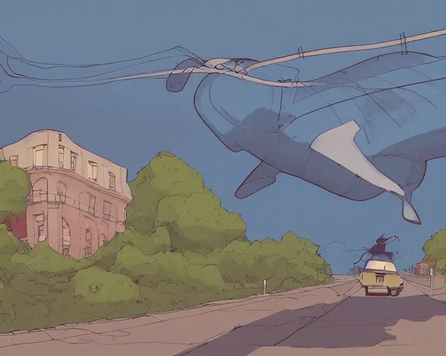 Prompt: a study of cell shaded cartoon of a flying blue whale on a country road, street lamps, road, illustration, wide shot, subtle colors, post grunge, concept art by josan gonzales and wlop, by james jean, Victo ngai, David Rubín, Mike Mignola, Laurie Greasley, highly detailed, sharp focus, alien, Trending on Artstation, HQ, deviantart, art by artgem