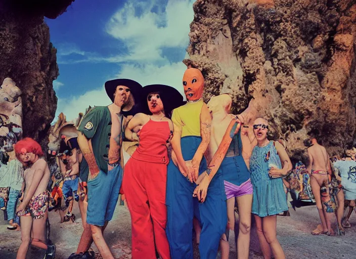 Image similar to dramatic color photo of dadcore occult wizards and momcore witches on vacation in ibiza by basil wolverton by robert crumb by william eggleston by annie leibovitz by chet zar, detailed and creepy, fujifilm velvia 5 0, color photography, sigma 2 8 mm
