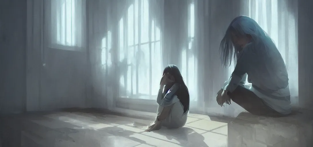 Image similar to Young Himalayan woman sitting concerned in an empty room with a sense of dread and loneliness | night time scene, plain walls |somber white eyes, long ashy hair | gentle lighting, futuristic, dim lighting, digital art by Makoto Shinkai ilya kuvshinov and Wojtek Fus, digital art, concept art,