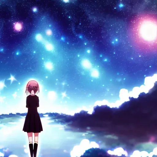 Image similar to key anime visual of a girl looking at a sky full of stars, detailed digital painting, sharp official media, extreme wide shot cold backlit beautiful lighting, stunning vfx