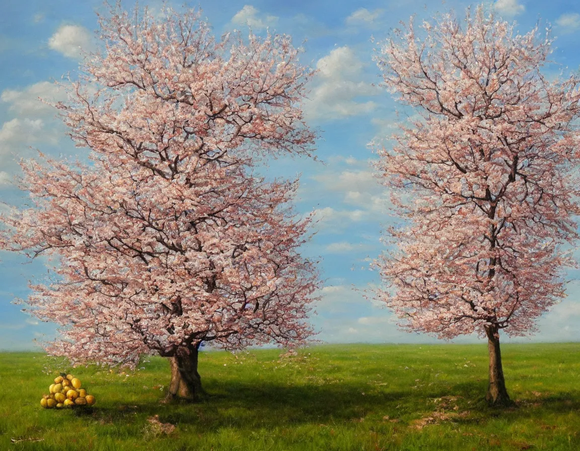 Image similar to hyper realistic oil painting of lonely fruit tree in blossom, hd, hdr, by stanisław wyspianski, ultra detailed, high resolution