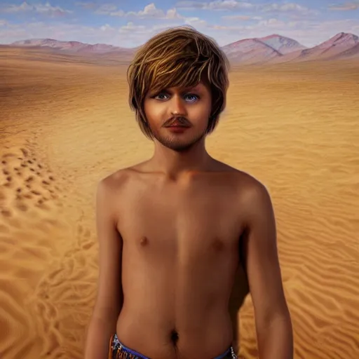 Image similar to a detailed portrait of a tan boy in the desert, fantasy art illustration, incredibly highly detailed and realistic, 8 k, sharp focus