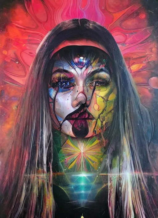 Image similar to gorgeous magic cult psychic woman smiling, third eye, subjective consciousness psychedelic, epic surrealism expressionism symbolism, story telling, iconic, dark robed, oil painting, symmetrical face, dark myth mythos, by Sandra Chevrier, Noriyoshi Ohrai masterpiece