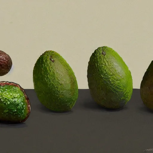 Prompt: four avocados lined up in a row, white background, dramatic lighting, illustration by greg rutkowski, yoji shinkawa, 4 k, digital art, concept art, trending on artstation
