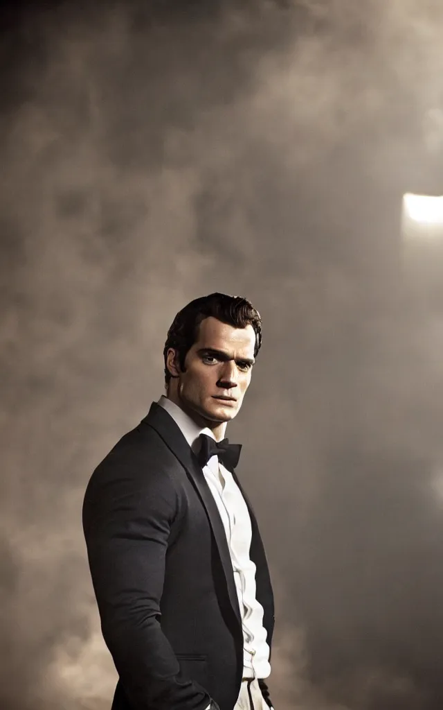 Image similar to henry cavill in the role of james bond, by barret frymire, cinematic, moody lighting, cinematic lighting