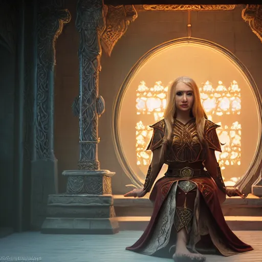 Image similar to the elder scrolls vi, charismatic regal blonde high elf female jarl, portrait, throne room, atmospheric lighting, painted, intricate, volumetric lighting, beautiful, daytime, sunny weather, slight overcast, sharp focus, deep colours, ultra detailed, by leesha hannigan, ross tran, thierry doizon, kai carpenter, ignacio fernandez rios