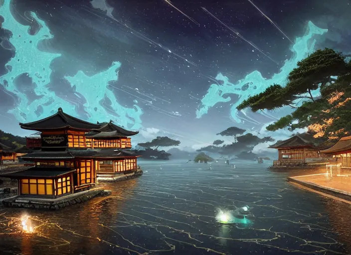 Image similar to ancient Kyoto city built upon the Sea Of Stars of Vaadhoo Island Maldives, Bioluminescent sea plankton that shines royal gold during the night makes the sea area, glowing water, intricate, elegant, luxurious, digital painting, concept art, smooth, sharp focus, from Star Trek 2021, illustration, by WLOP and Ruan Jia and Mandy Jurgens and William-Adolphe Bouguereau, Artgerm